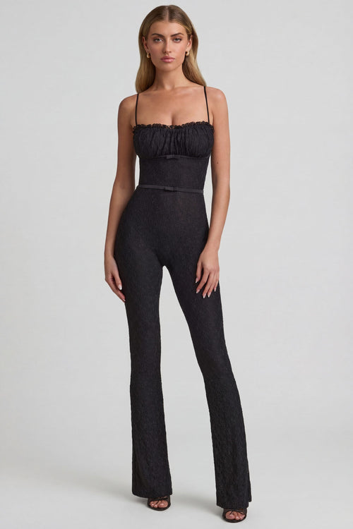 Bow-Detail Lace Flared Jumpsuit in Black