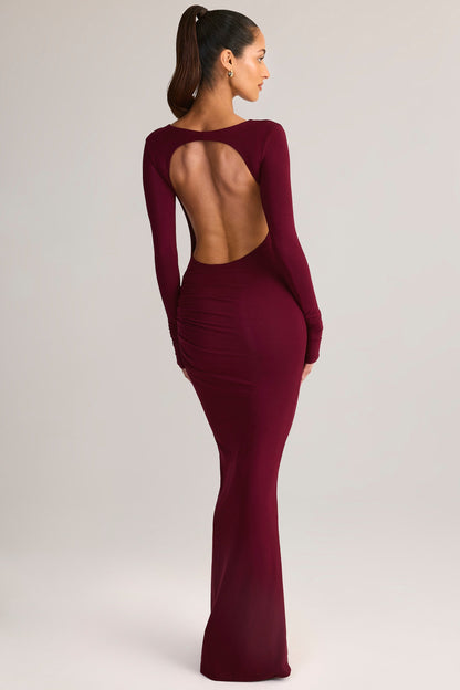 Modal Ruched Backless Maxi Dress in Wine