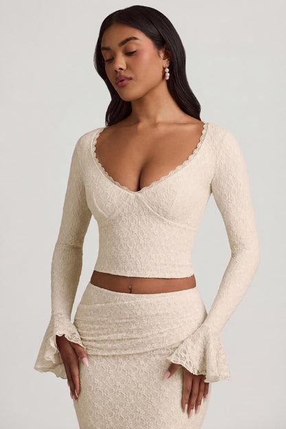 Ruffle Long-Sleeve Lace Top in Ivory