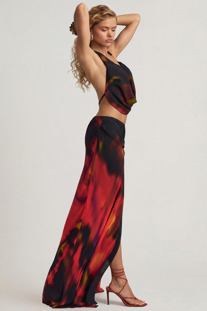 Mid-Rise Split Maxi Skirt in Red Blurred Print