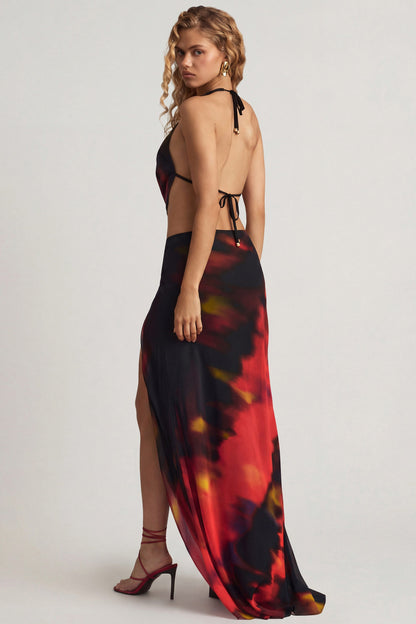 Mid-Rise Split Maxi Skirt in Red Blurred Print