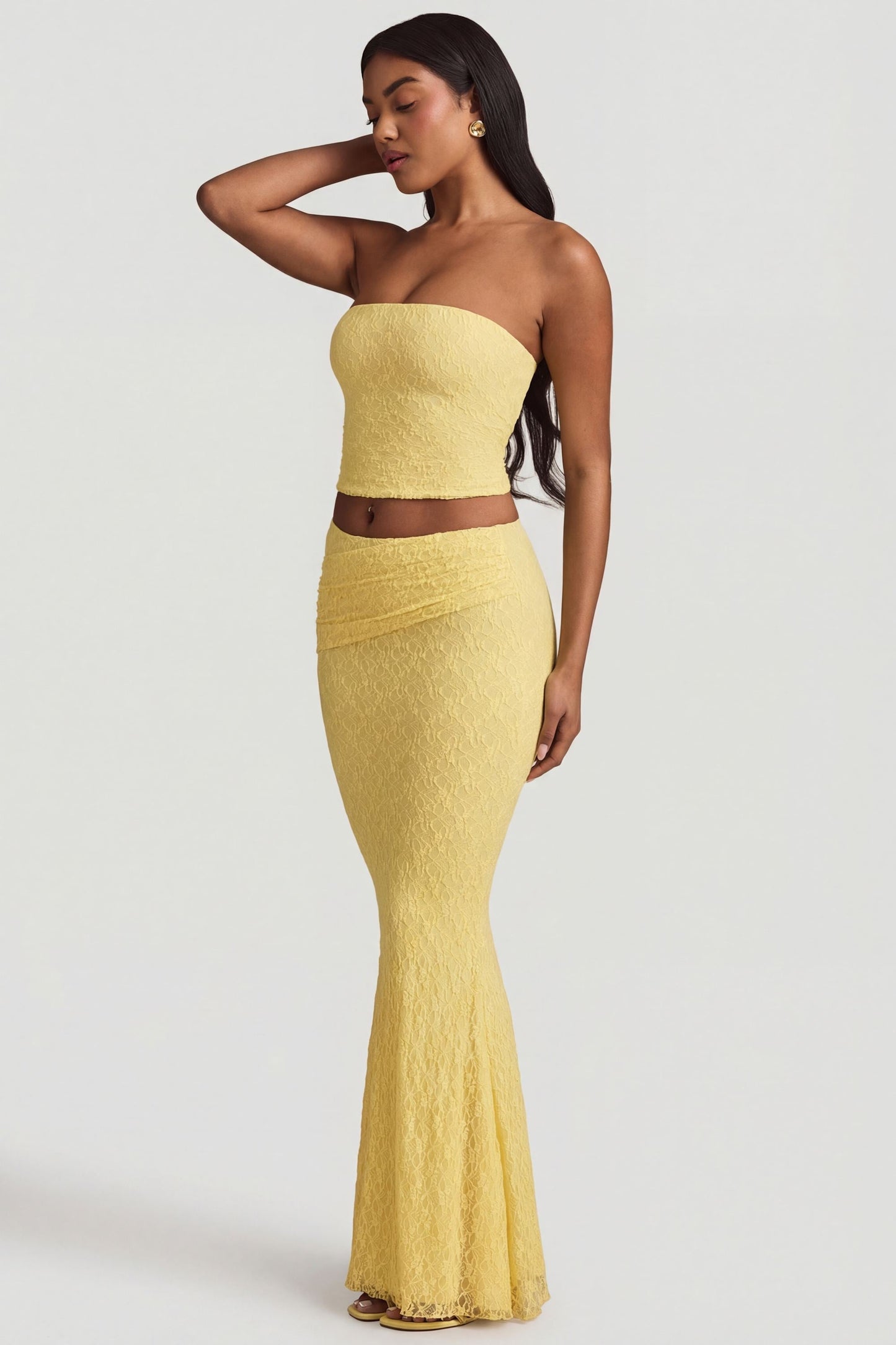 Ruched Strapless Lace Top in Pastel Yellow