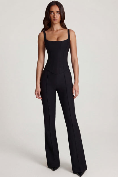 Scoop-Neck Corset Flared Leg Jumpsuit in Black