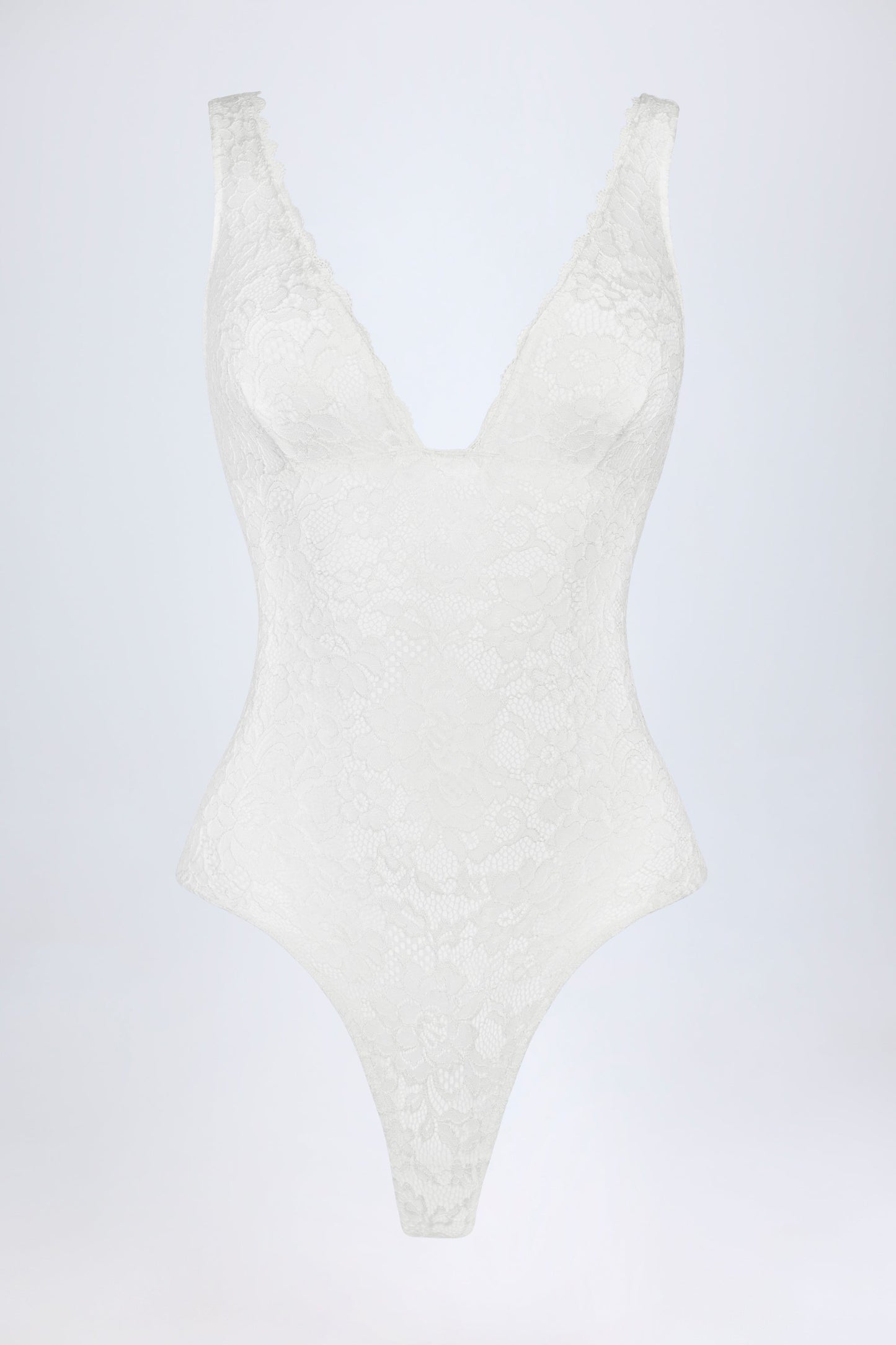 Sheer Lace Scalloped Plunge-Neck Bodysuit in White