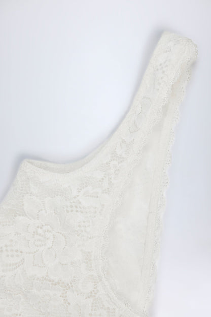 Sheer Lace Scalloped Plunge-Neck Bodysuit in White