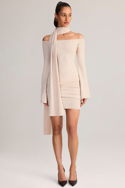 Knit Scarf-Detail Off-Shoulder Mini Dress in Cream