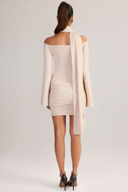 Knit Scarf-Detail Off-Shoulder Mini Dress in Cream