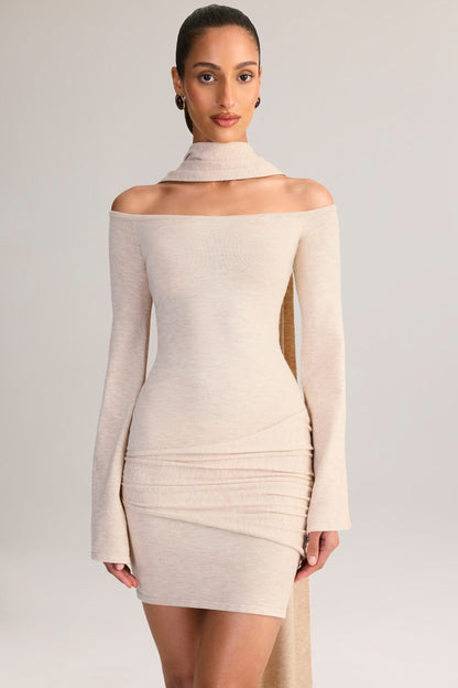 Knit Scarf-Detail Off-Shoulder Mini Dress in Cream