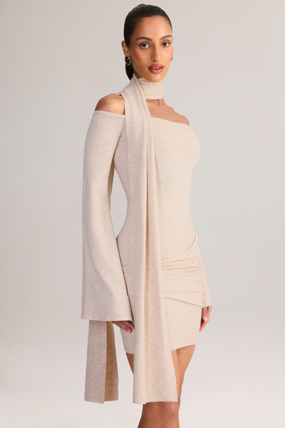 Knit Scarf-Detail Off-Shoulder Mini Dress in Cream