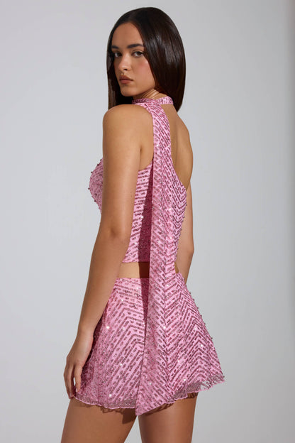 Embellished Asymmetric Scarf-Detail Top in Pink