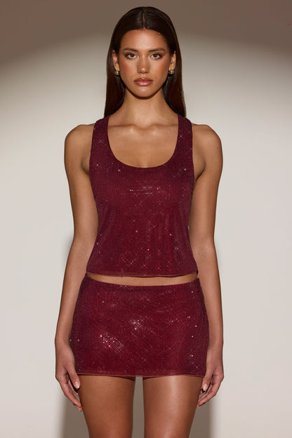 Embellished Jersey Scoop-Neck Racerback Top in Burgundy