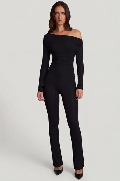 Modal Off-Shoulder Long-Sleeve Jumpsuit in Black