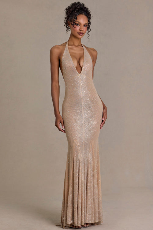 Embellished Plunge-Neck Open-Back Gown in Sand