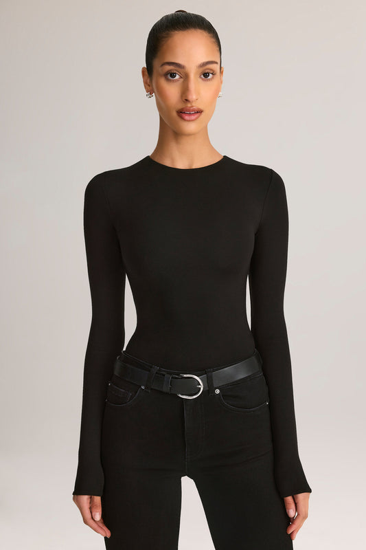 Modal Round-Neck Long-Sleeve Bodysuit in Black