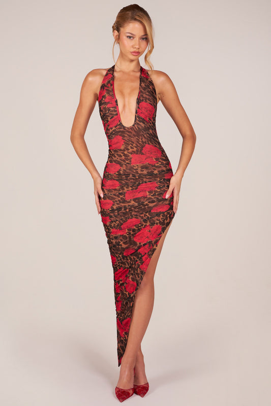 Halterneck Split Hem Midaxi Dress in Rose Leopard Print