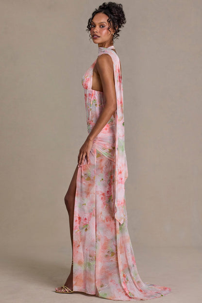 Embellished Scarf-Detail Maxi Dress in Pink Floral Print