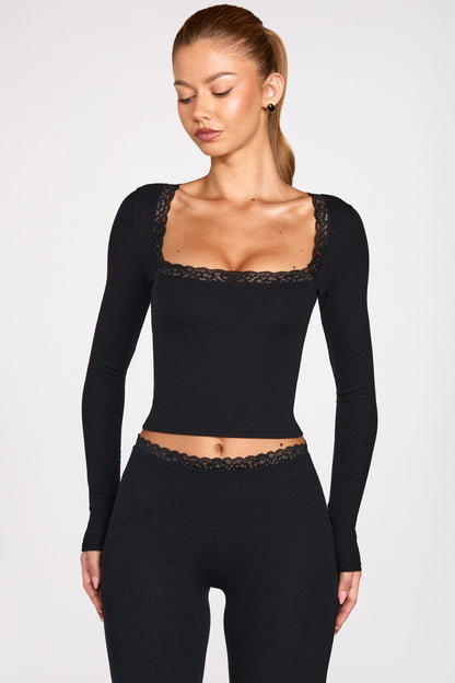 Ribbed Modal Square-Neck Long-Sleeve Top in Black
