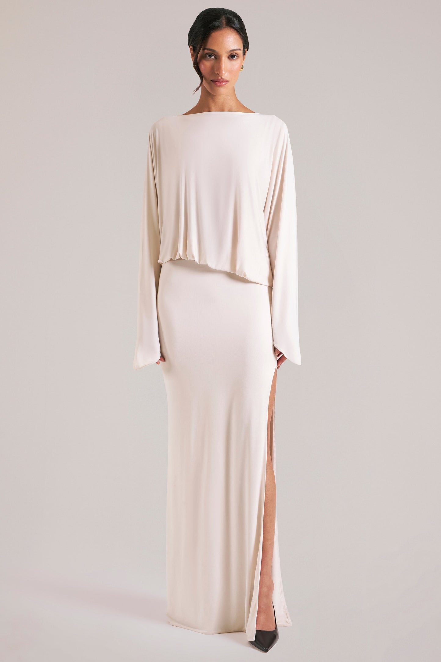 Long-Sleeve Draped Maxi Dress in Vanilla