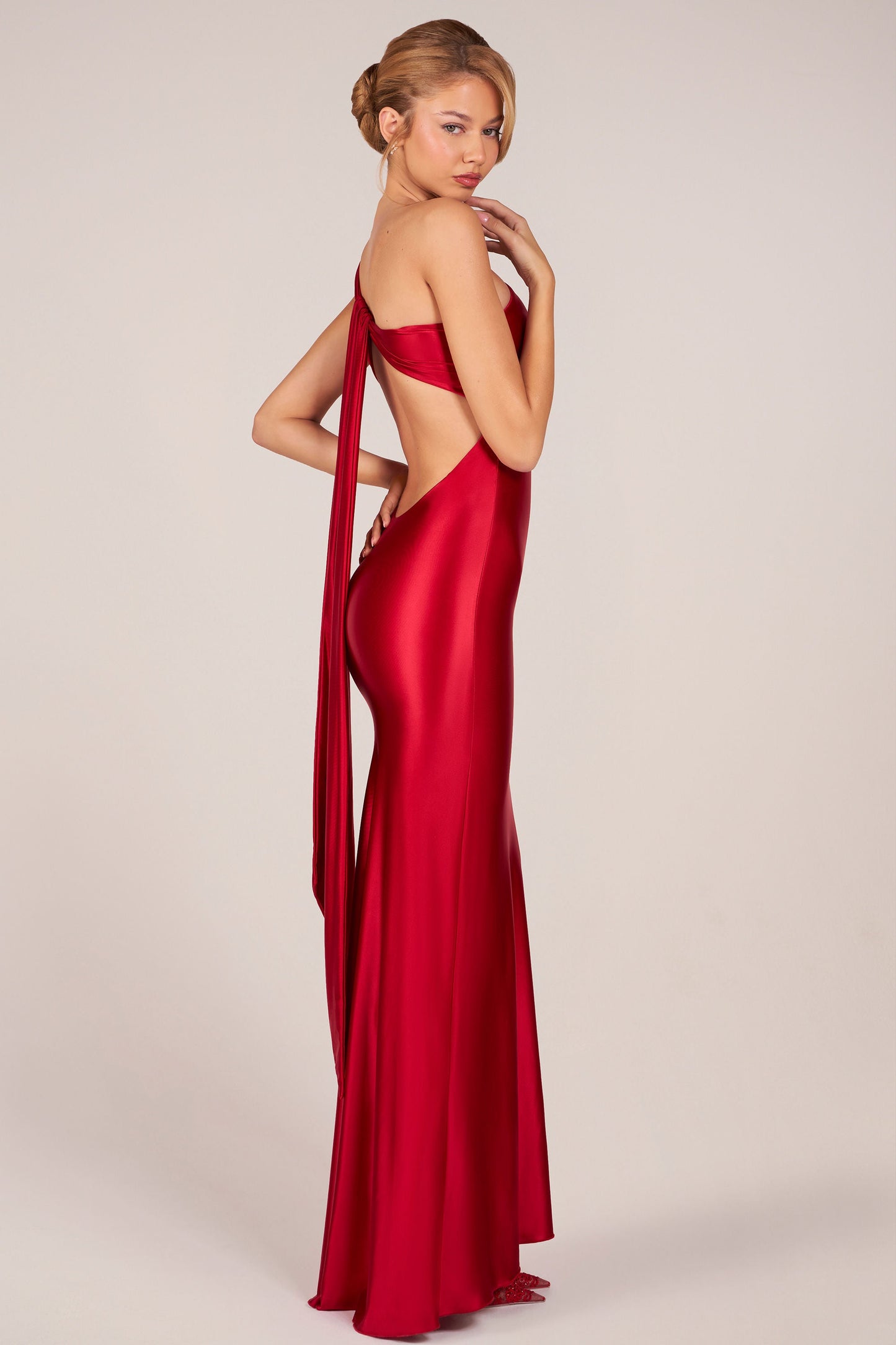 Asymmetric Tie-Back Gown in Cherry