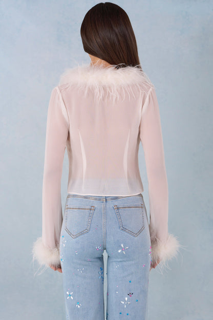Feather Trim Sheer Top in Ivory