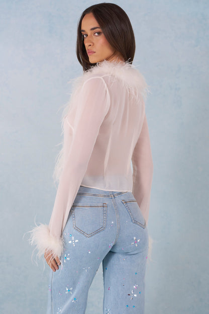 Feather Trim Sheer Top in Ivory