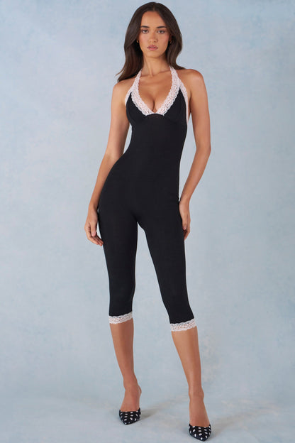 Modal Lace-Trim Capri Jumpsuit  in Black