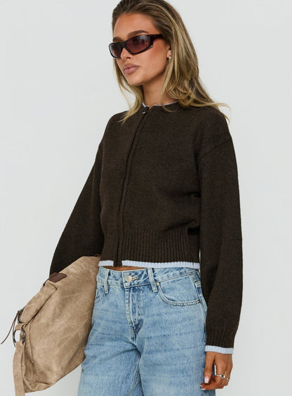 Amandi Zip Through Knit Jumper Chocolate / Blue