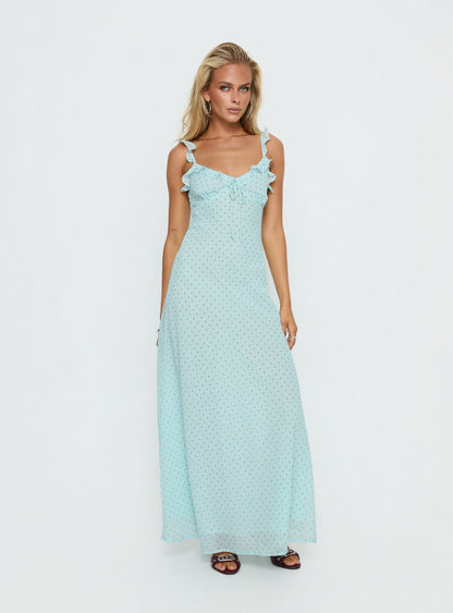 Aryelle Chiffon Frill Maxi Dress Blue Polka Dot