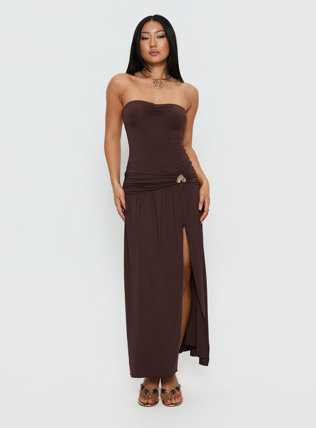 Alexe Strapless Ruched Maxi Dress Chocolate