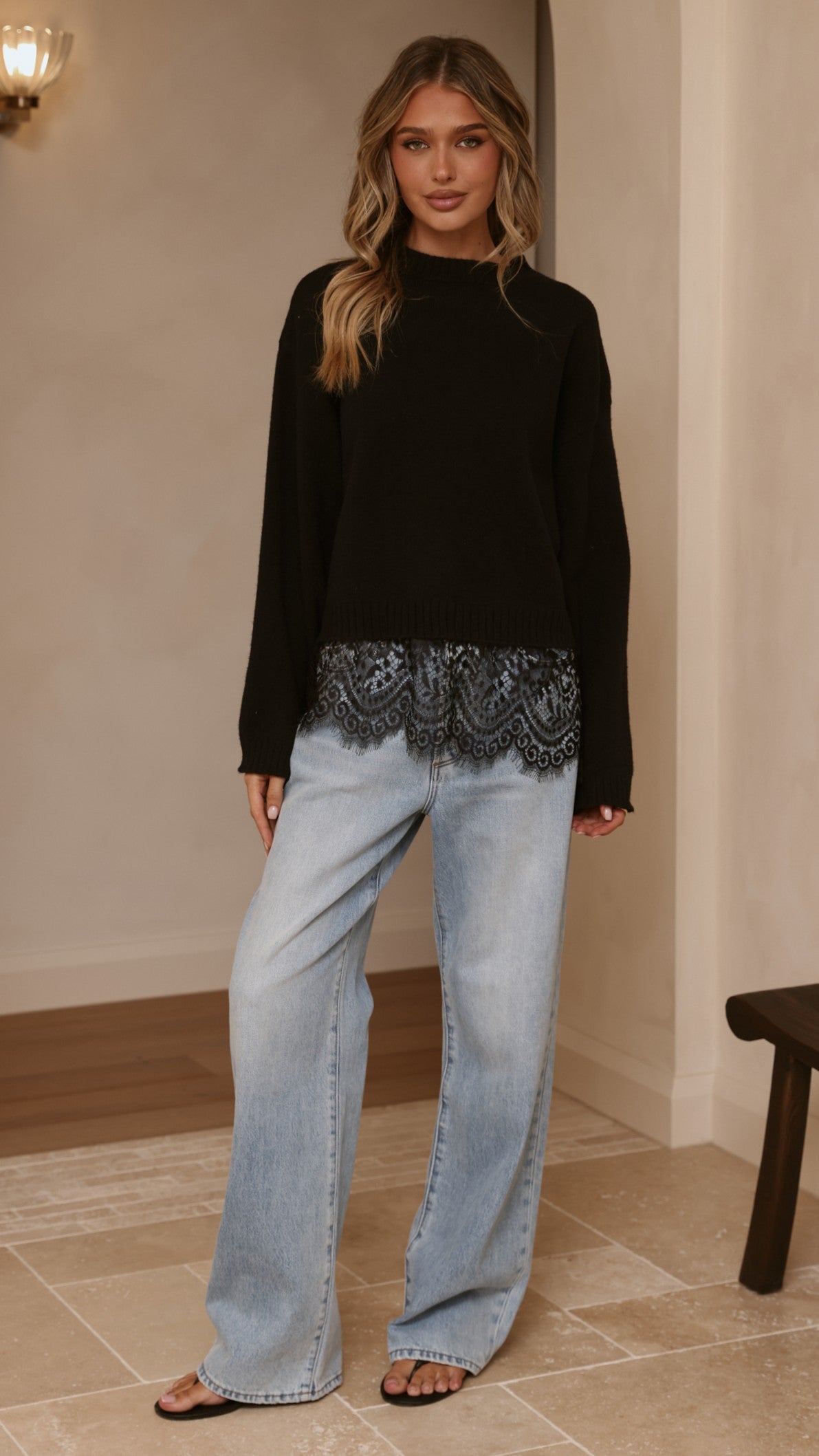 Kylan Lace Trim Sweater - Black
