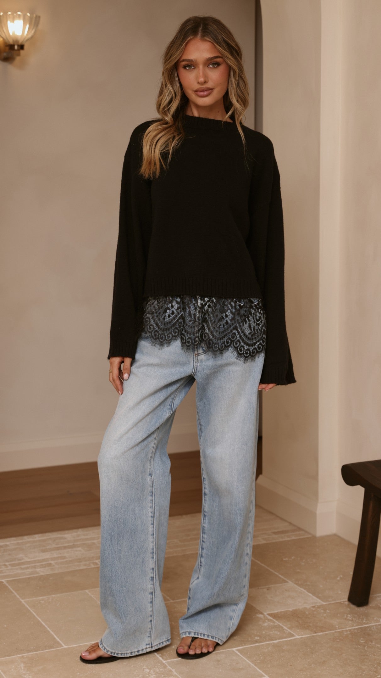 Kylan Lace Trim Sweater - Black