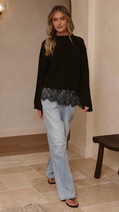 Kylan Lace Trim Sweater - Black