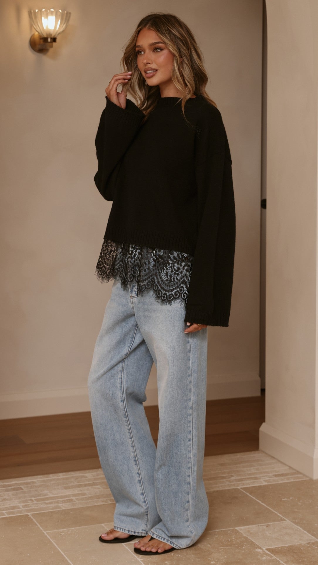Kylan Lace Trim Sweater - Black
