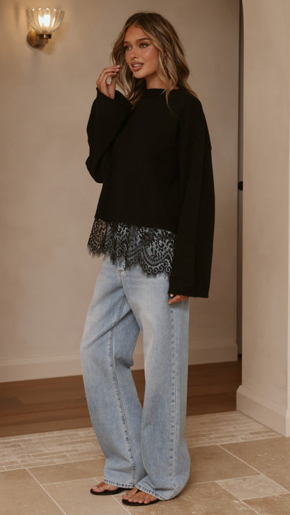Kylan Lace Trim Sweater - Black