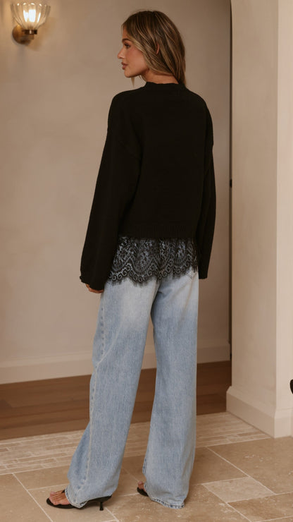 Kylan Lace Trim Sweater - Black