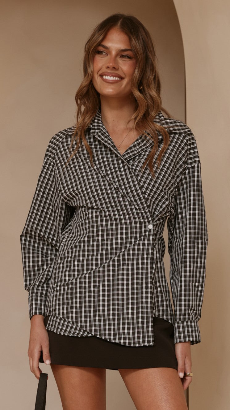 Valia Asymmetrical Button Up Shirt - Black/White Plaid