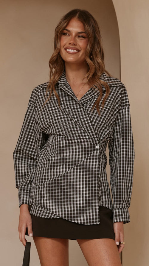 Valia Asymmetrical Button Up Shirt - Black/White Plaid