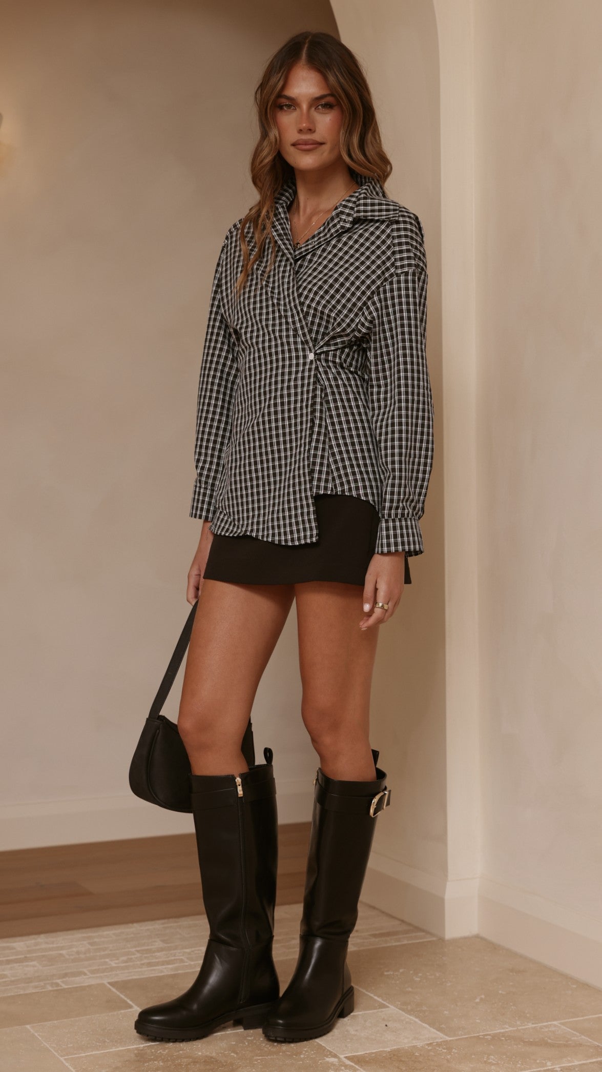 Valia Asymmetrical Button Up Shirt - Black/White Plaid