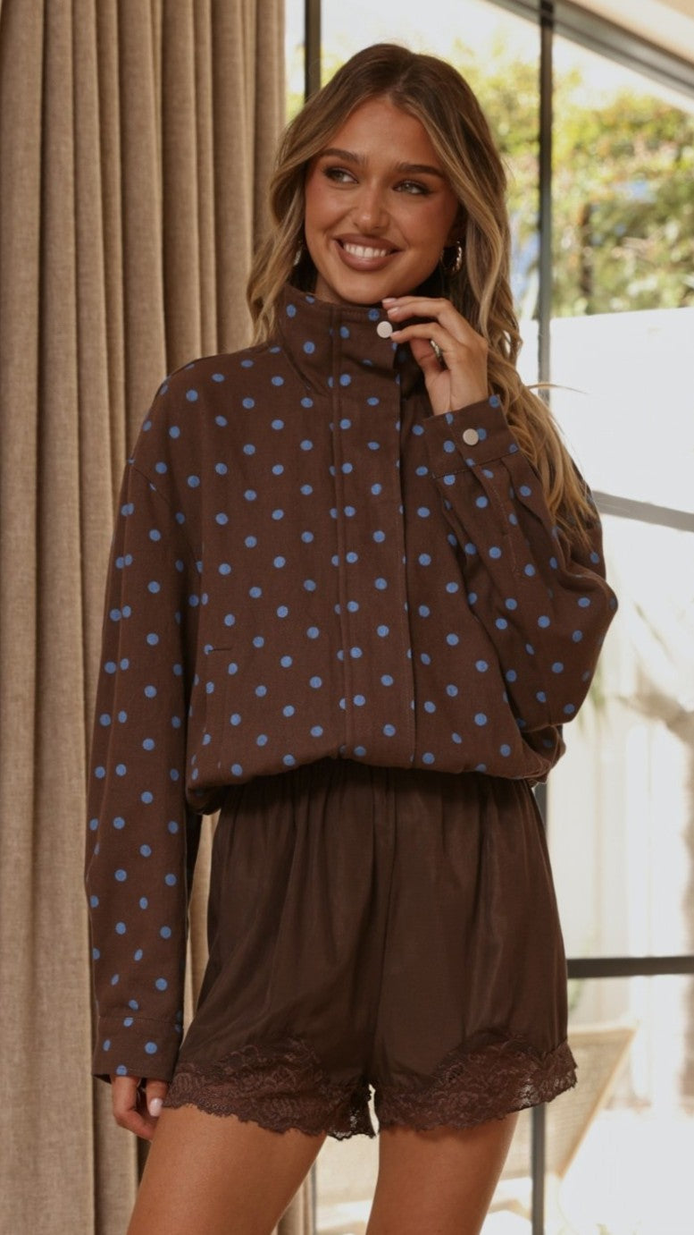 Nessie Funnel Neck Jacket - Chocolate/Blue Polka