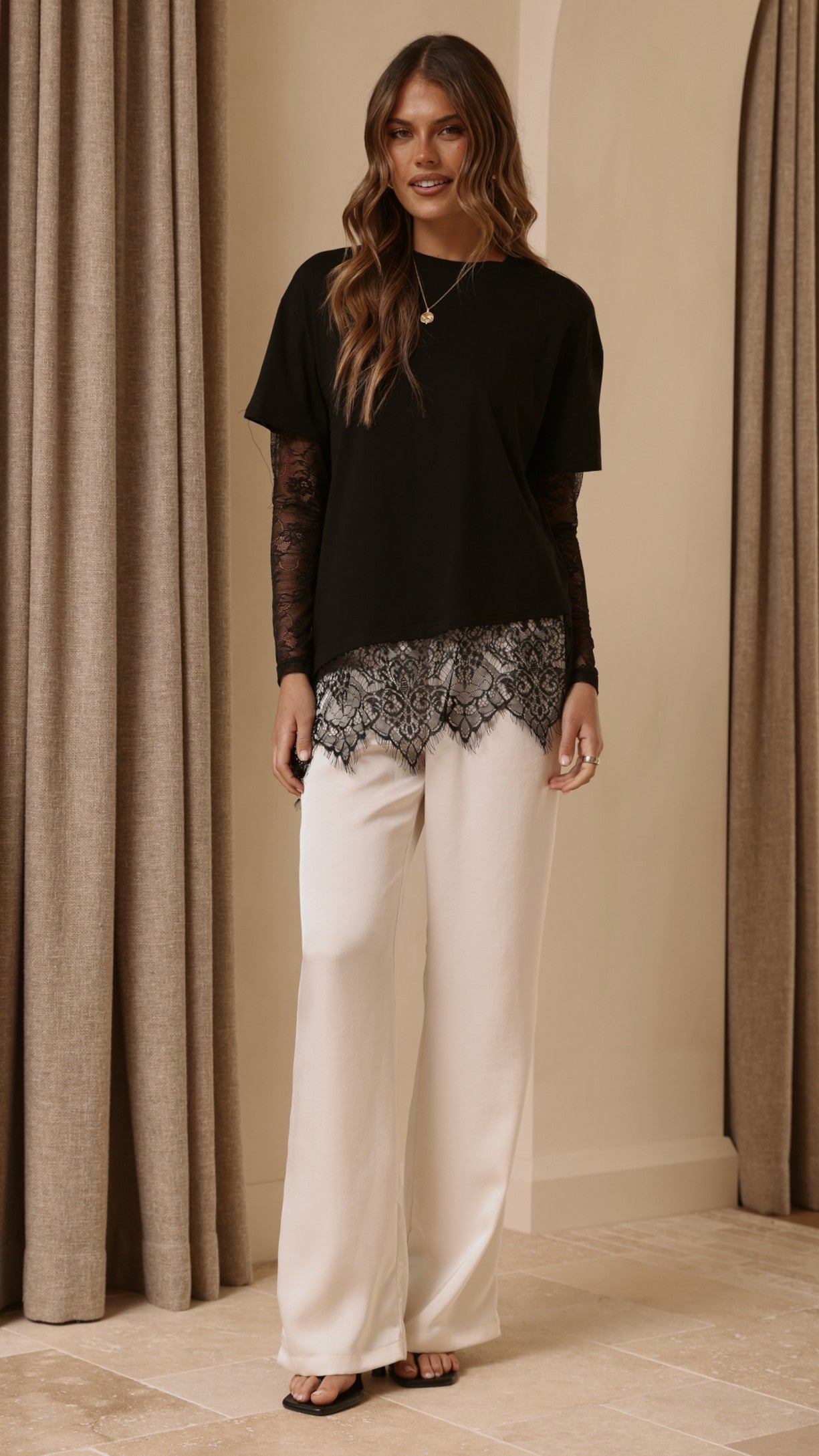 Quinn Lace Long Sleeve Top - Black