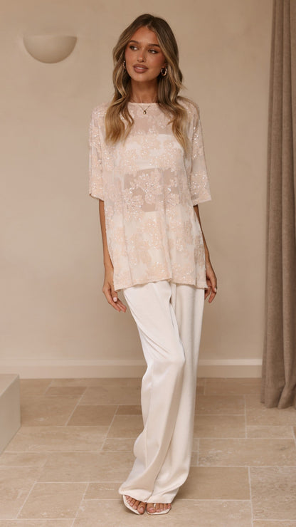 Arlo Oversized Sequin Top - Beige Floral