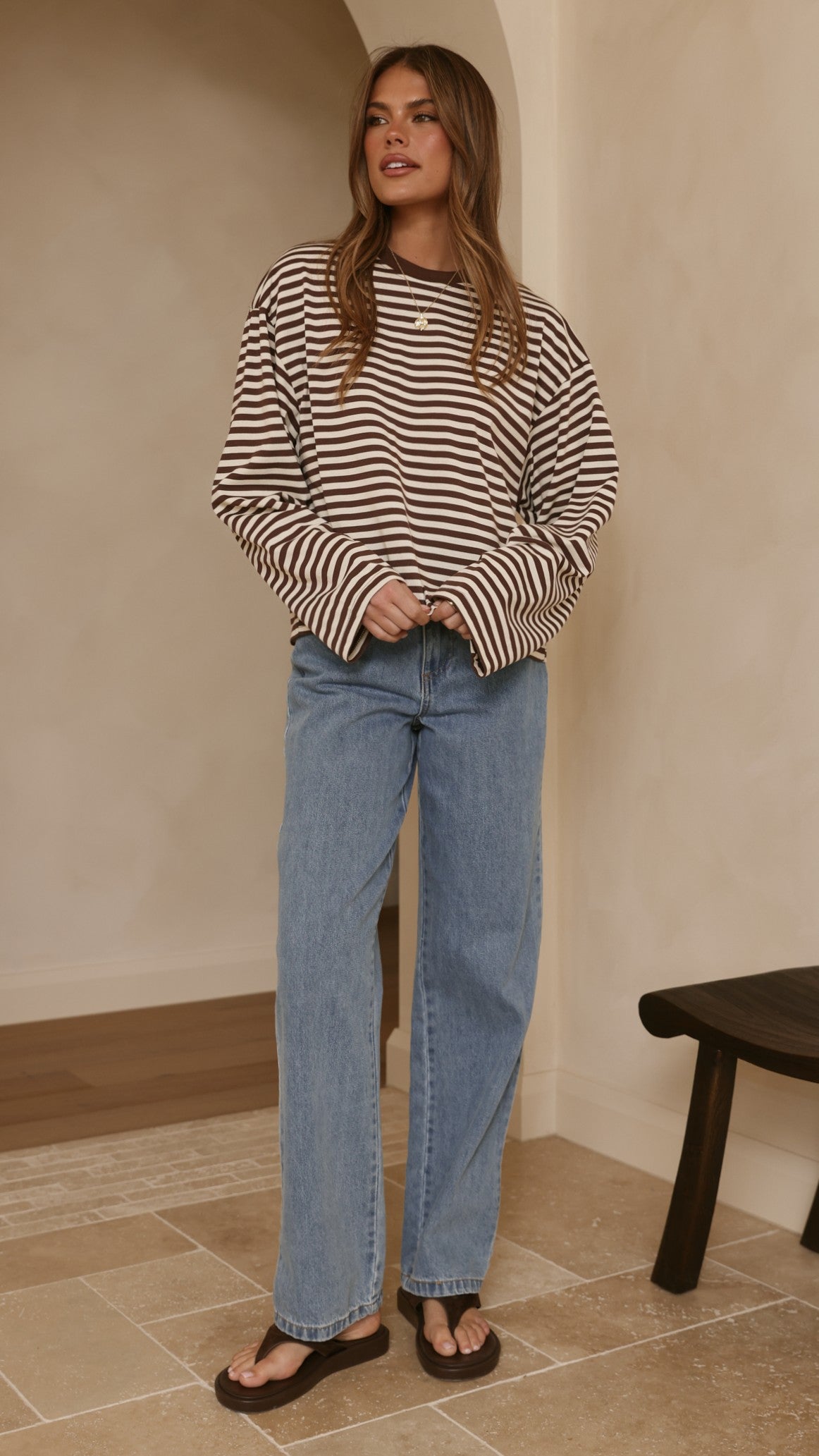 Solana Long Sleeve Top - Choc/White Stripe