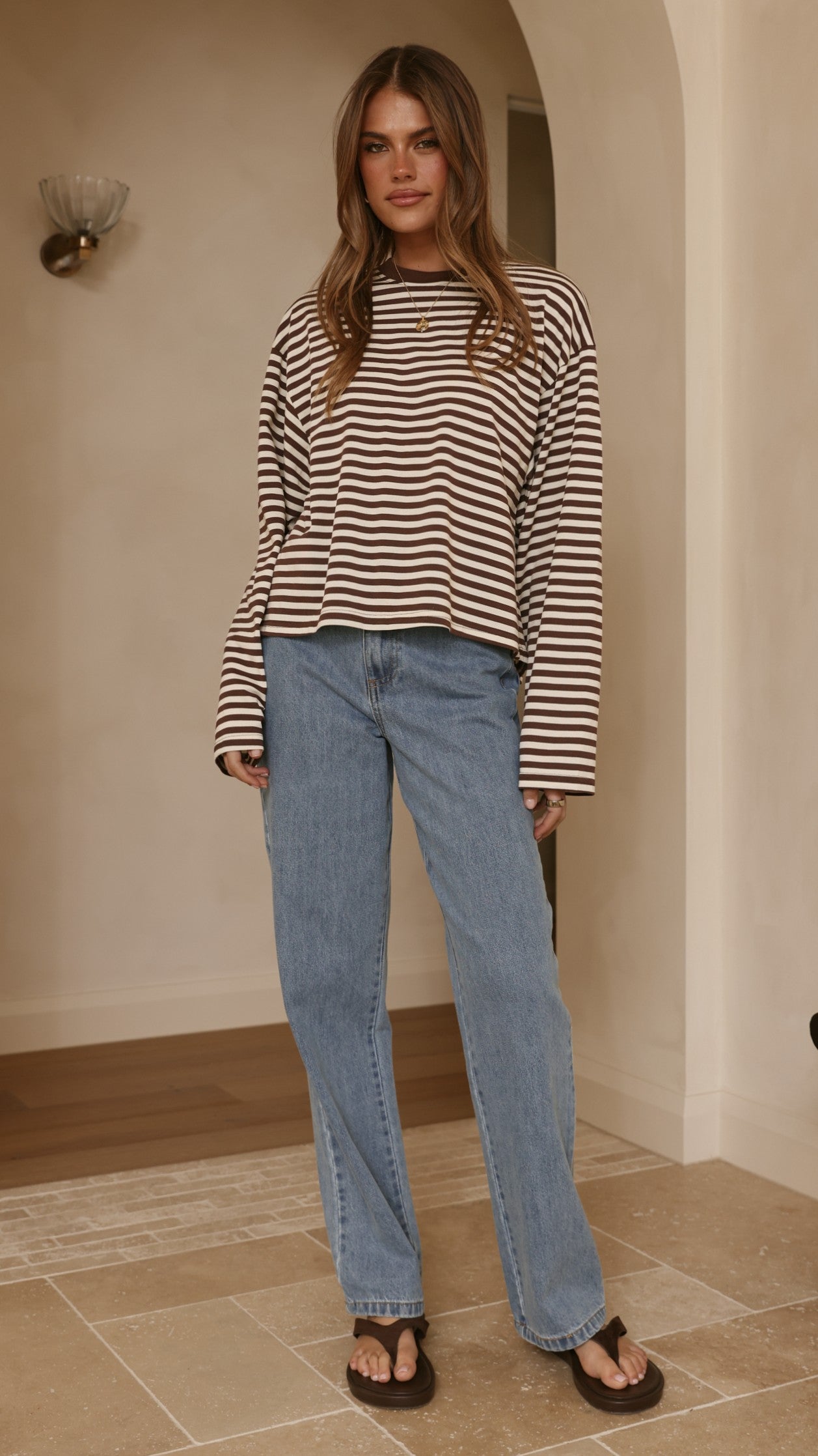 Solana Long Sleeve Top - Choc/White Stripe