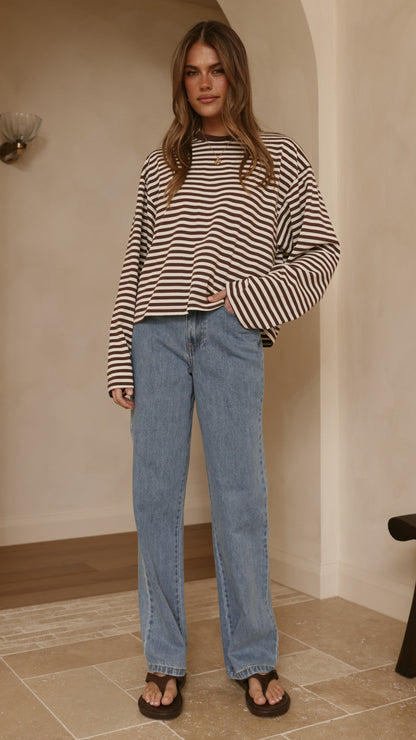 Solana Long Sleeve Top - Choc/White Stripe