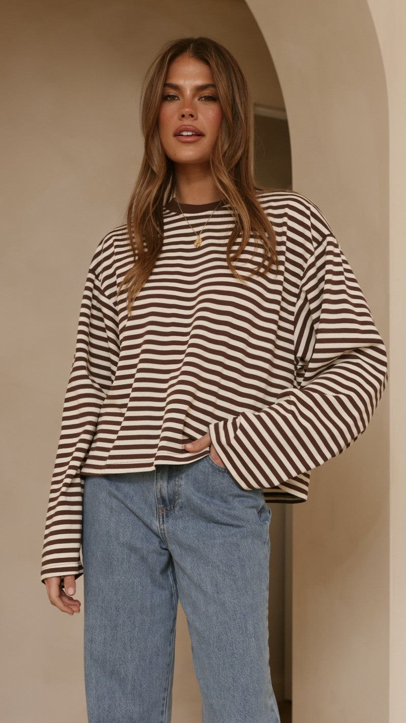 Solana Long Sleeve Top - Choc/White Stripe