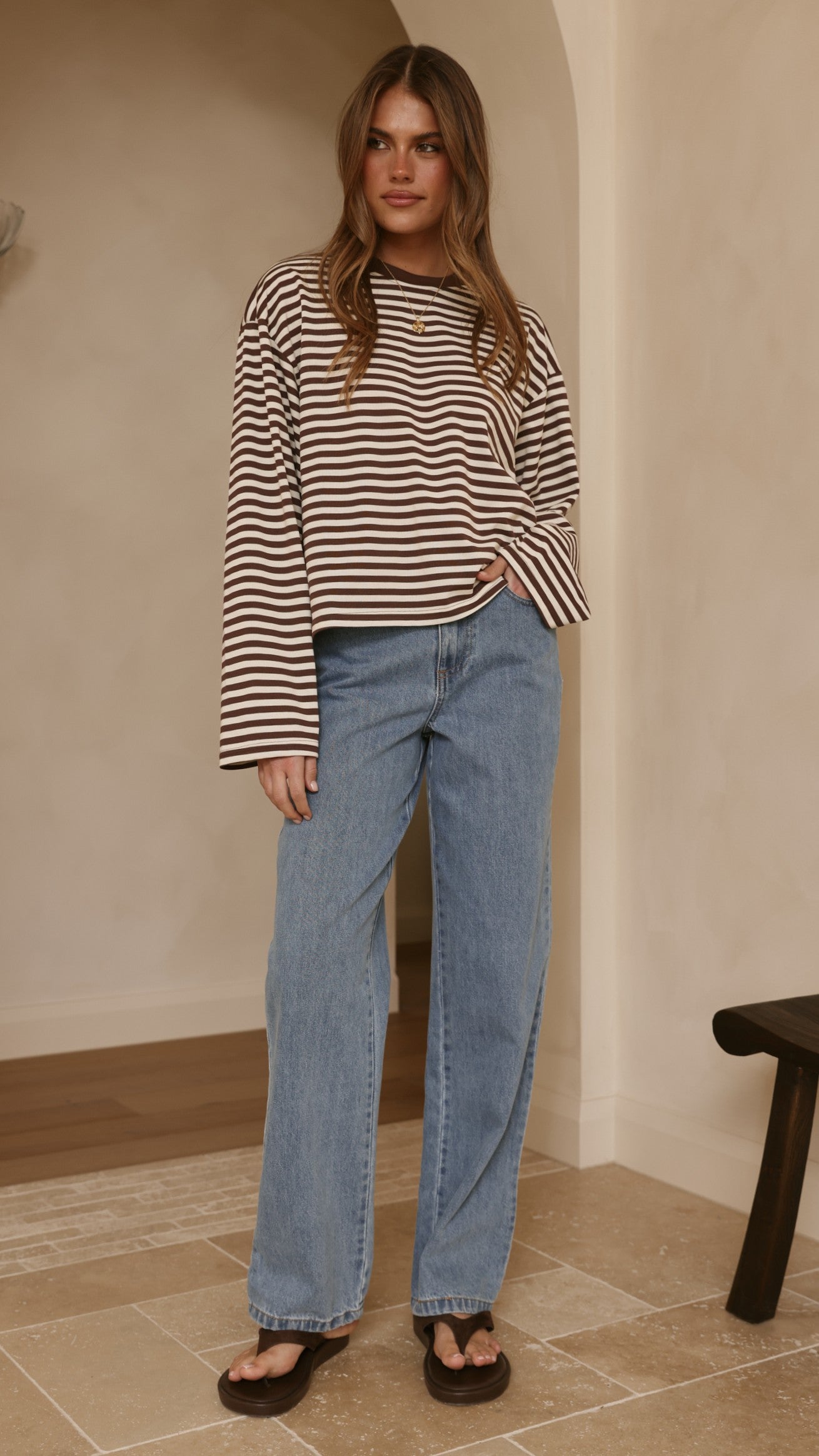 Solana Long Sleeve Top - Choc/White Stripe