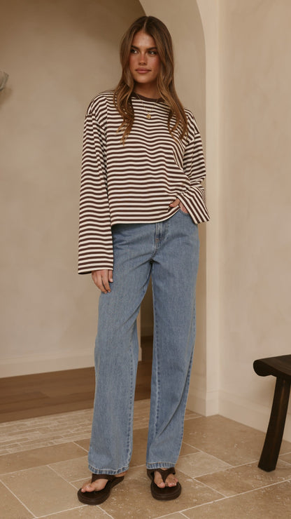 Solana Long Sleeve Top - Choc/White Stripe