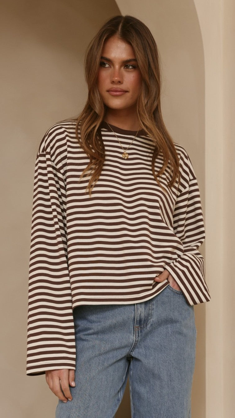 Solana Long Sleeve Top - Choc/White Stripe