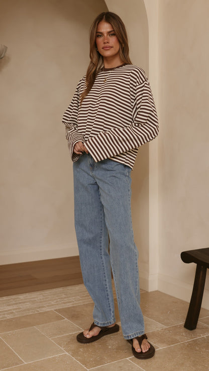 Solana Long Sleeve Top - Choc/White Stripe