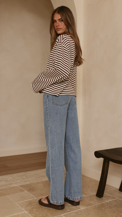 Solana Long Sleeve Top - Choc/White Stripe